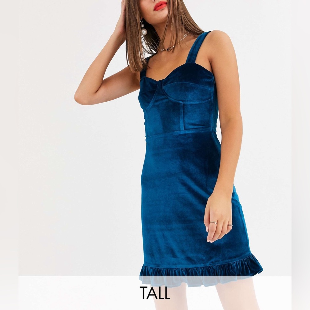 ASOS Tall ruffle hem mini dress in blue velvet size 12